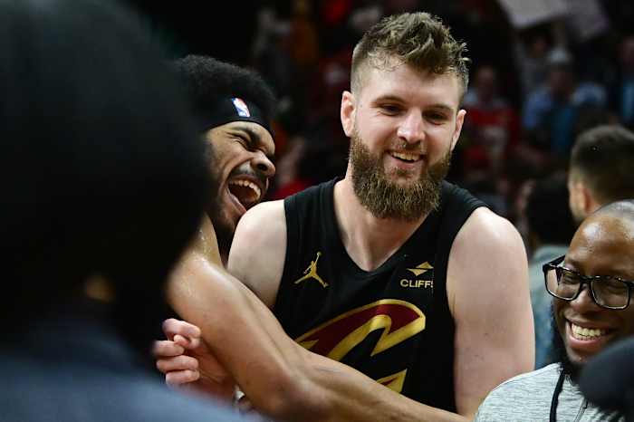Mar 5, 2024; Cleveland, Ohio, USA; Cleveland Cavaliers center Jarrett Allen (31) and forward Dean Wade (32) celebrate after the Cavaliers beat the Boston Celtics during the second half at Rocket Mortgage FieldHouse. Mandatory Credit: Ken Blaze-USA TODAY Sports